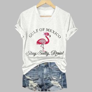 Gulf Of Mexico Stay Salty Resist Flamingo Printed V-Neck T-shirt 3 Gulf Of Mexico Stay Salty Resist Flamingo Printed V Neck T shirt