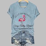 Gulf Of Mexico Stay Salty Resist Flamingo Printed V-Neck T-shirt