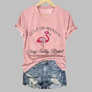 Gulf Of Mexico Stay Salty Resist Flamingo Printed V-Neck T-shirt 2 Gulf Of Mexico Stay Salty Resist Flamingo Printed V Neck T shirt