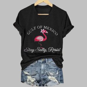 Gulf Of Mexico Stay Salty Resist Flamingo Printed V-Neck T-shirt 1 Gulf Of Mexico Stay Salty Resist Flamingo Printed V Neck T shirt