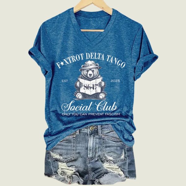 8647 Foxtrot Delta Tango Social Club Only Can Prevent Fascism Print V-Neck T-Shirt