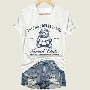8647 Foxtrot Delta Tango Social Club Only Can Prevent Fascism Print V Neck T Shirt 3