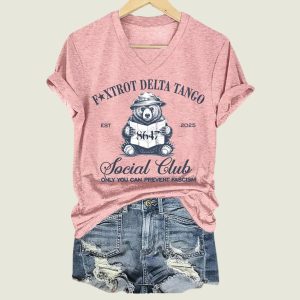 8647 Foxtrot Delta Tango Social Club Only Can Prevent Fascism Print V Neck T Shirt 4
