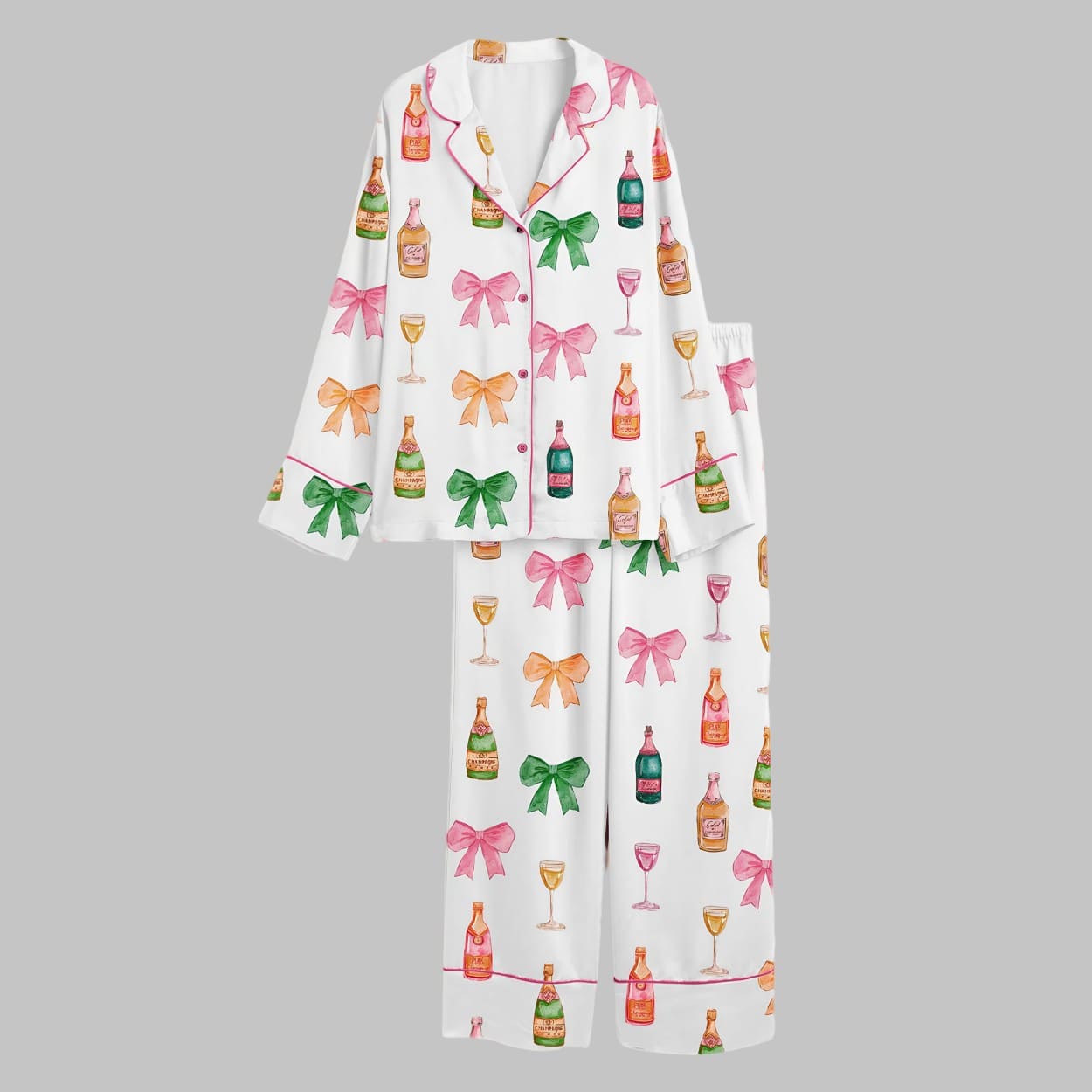 Champagne Decorated With Bow Satin Pajama Set Champagne Decorated With Bow Satin Pajama Set