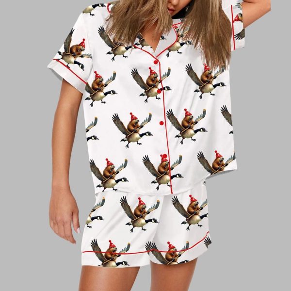 Elbows Up We Are Canadian Angry Beaver Flying Goose Bumper Print Pajama Set