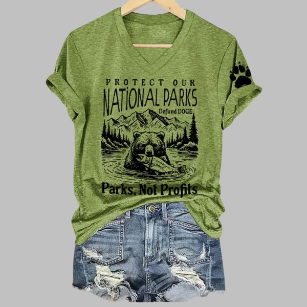 Protect Our National Parks Defund DOGE Printed V-Neck T-Shirt