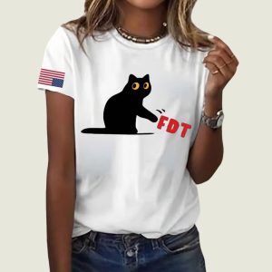 Retro Black Cat FDT Print Round Neck T Shirt