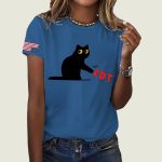 Retro Black Cat FDT Print Round Neck T-Shirt