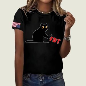 Retro Black Cat FDT Print Round Neck T Shirt