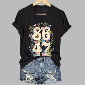 Retro Flowers 86 47 Print V Neck T Shirt