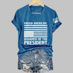 Retro Proud American Ashamed Of The President Print V Neck T Shirt