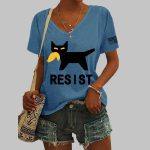 Vintage Cat Resist Printed V-Neck T-shirt