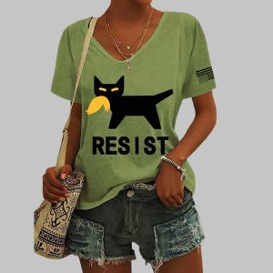 Vintage Cat Resist Printed V Neck T shirt