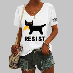 Vintage Cat Resist Printed V Neck T shirt
