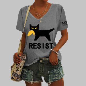 Vintage Cat Resist Printed V Neck T shirt