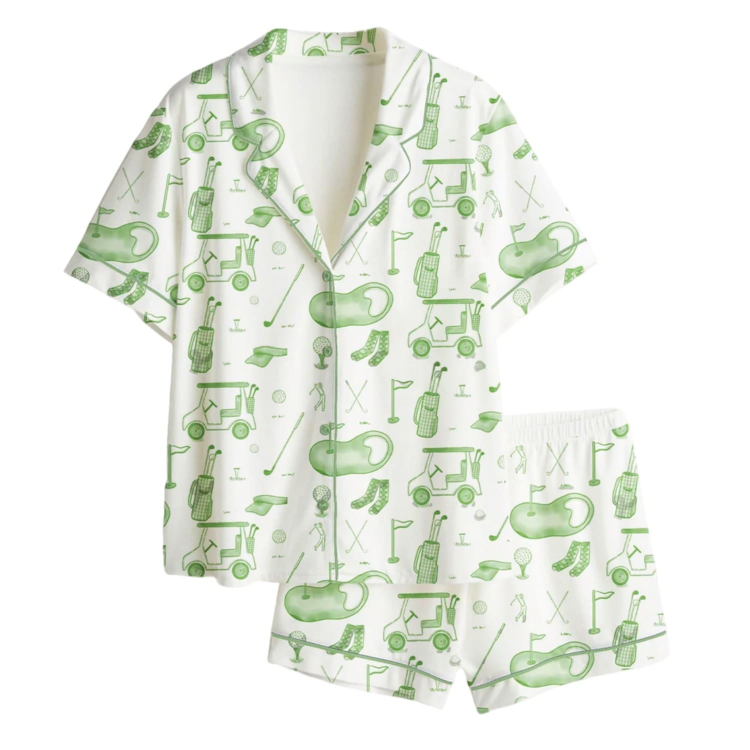 Watercolor Green Golf Toile Print Short Sleeve Satin Pajama Set Watercolor Green Golf Toile Print Short Sleeve Satin Pajama Set