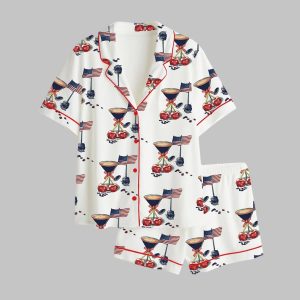 Espresso Martini Cherry Coquette Bow USA Flag Cocktail 4th Of July Satin Pajama Set