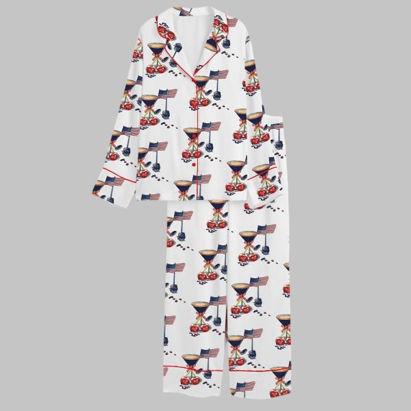 Espresso Martini Cherry Coquette Bow USA Flag Cocktail 4th Of July Satin Pajama Set