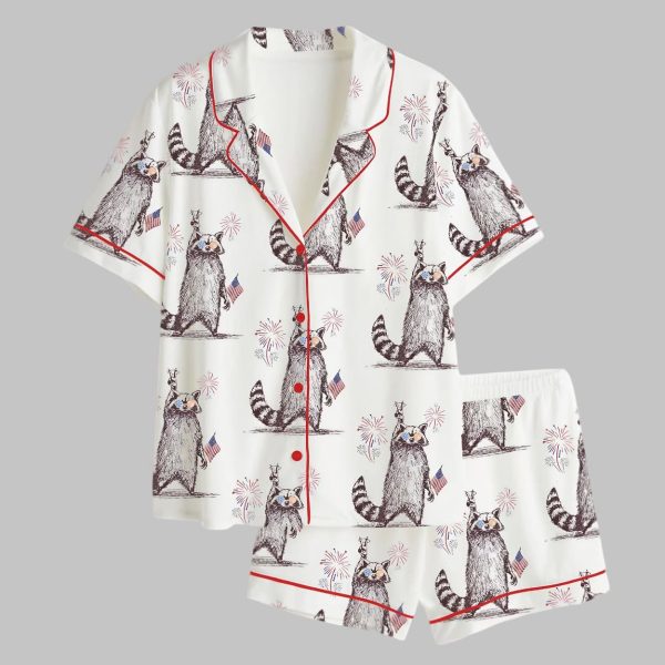 Feral But Free Fireworks Summer Raccoon 4th Of July Print Pajama Set