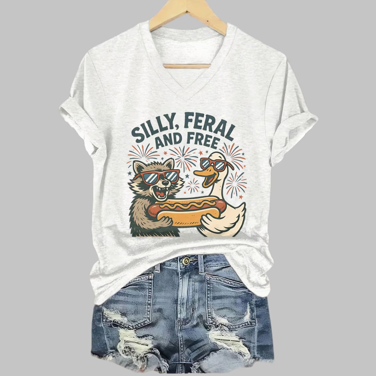 Silly Feral And Free Print Casual V-Neck T-Shirt