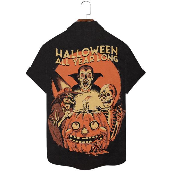 Everyday Is Halloween Vampire Pumpkin Skull Print Casual Shirt