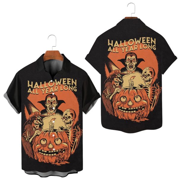 Everyday Is Halloween Vampire Pumpkin Skull Print Casual Shirt