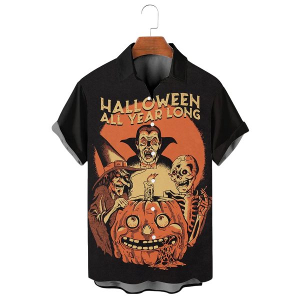 Everyday Is Halloween Vampire Pumpkin Skull Print Casual Shirt