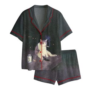Fat Cat Smoking And Drinking Satin Pajama Set