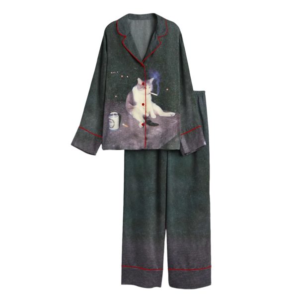 Fat Cat Smoking And Drinking Satin Pajama Set
