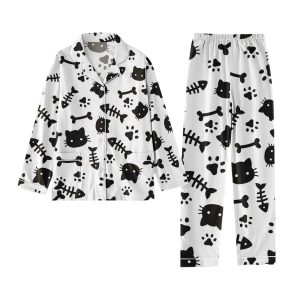 Funny Cat And Fish Skeleton Halloween Pajama Set
