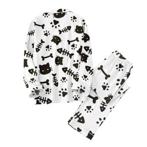 Funny Cat And Fish Skeleton Halloween Pajama Set