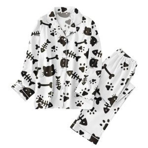 Funny Cat And Fish Skeleton Halloween Pajama Set