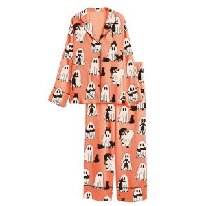 Ghost Cat Retro Ghost Halloween Spooky Season Satin Pajama Set