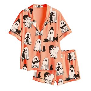 Ghost Cat Retro Ghost Halloween Spooky Season Satin Pajama Set
