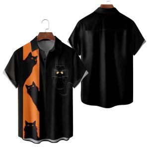 Halloween Black Cat Bowling Shirt
