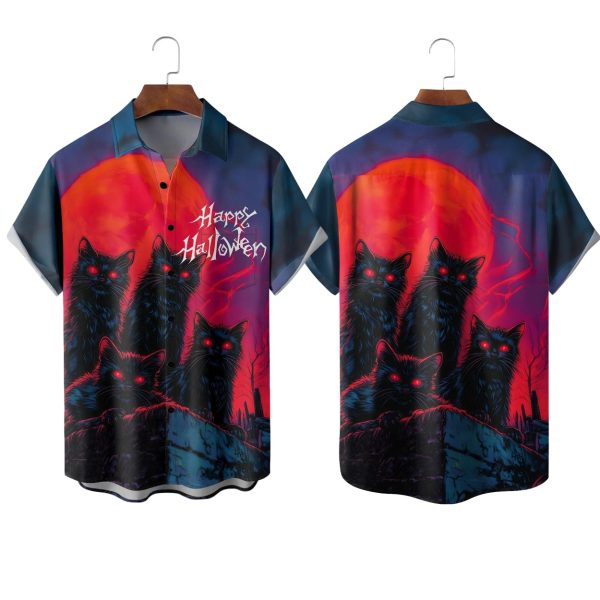 Halloween Cat Chest Pocket Casual Shirt