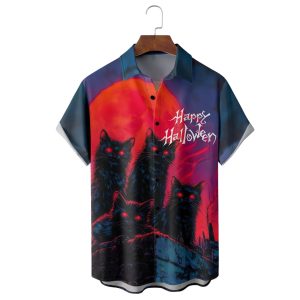 Halloween Cat Chest Pocket Casual Shirt