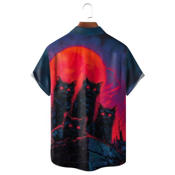 Halloween Cat Chest Pocket Casual Shirt