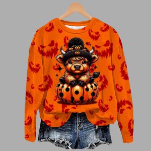 Halloween Fall Pumpkin Highland Cow Printed Sweatshirt 1 Halloween Fall Pumpkin Highland Cow Printed Sweatshirt