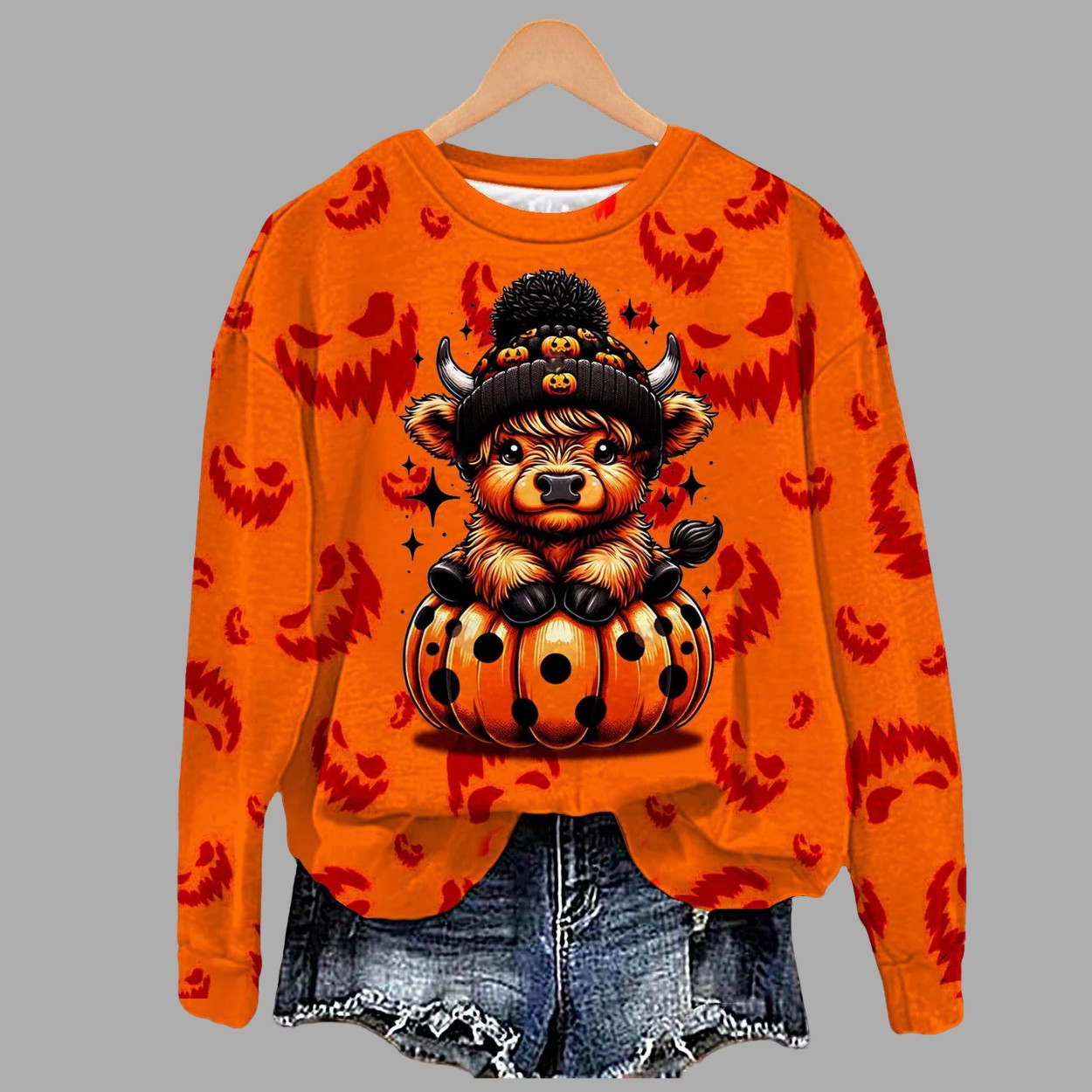 Halloween Fall Pumpkin Highland Cow Printed Sweatshirt Halloween Fall Pumpkin Highland Cow Printed Sweatshirt