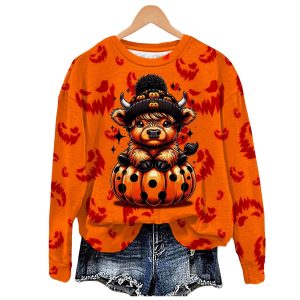 Halloween Fall Pumpkin Highland Cow Printed Sweatshirt