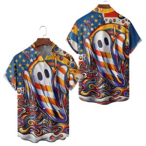 Halloween Ghost American Flag Hawaiian Shirt