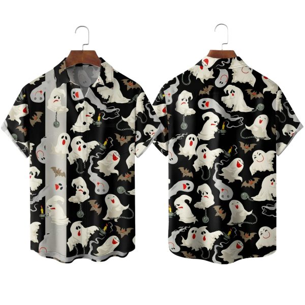 Halloween Ghost Chest Pocket Bowling Shirt
