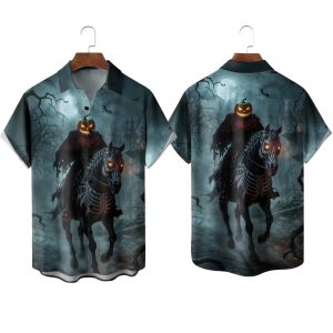 Halloween Headless Horseman Pumpkin Chest Pocket Casual Shirt