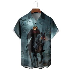 Halloween Headless Horseman Pumpkin Chest Pocket Casual Shirt