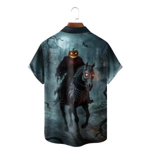 Halloween Headless Horseman Pumpkin Chest Pocket Casual Shirt