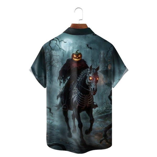 Halloween Headless Horseman Pumpkin Chest Pocket Casual Shirt