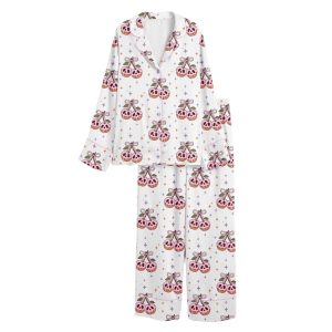 Halloween Retro Cherry Bow Spooky Witchy Skeleton Satin Pajama Set 1 Halloween Retro Cherry Bow Spooky Witchy Skeleton Satin Pajama Set