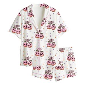 Halloween Retro Cherry Bow Spooky Witchy Skeleton Satin Pajama Set