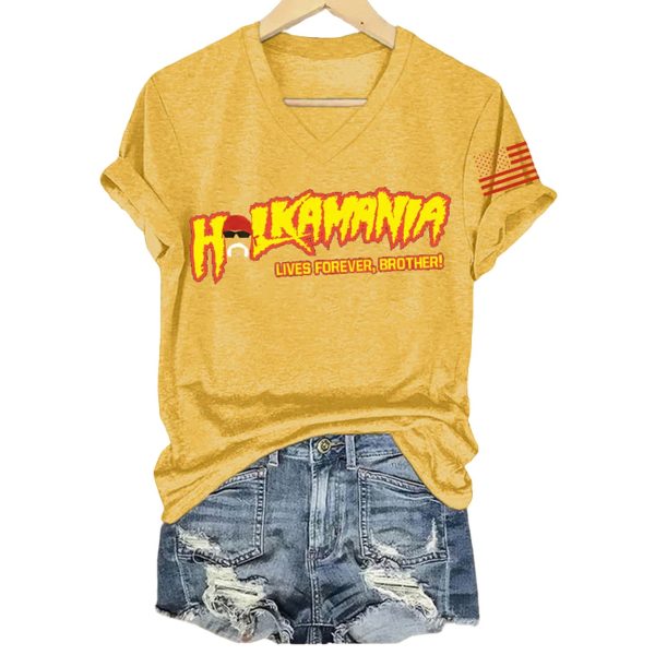 Hulk Hogan Hulkamania Lives Forever Brother Print V-Neck T-Shirt